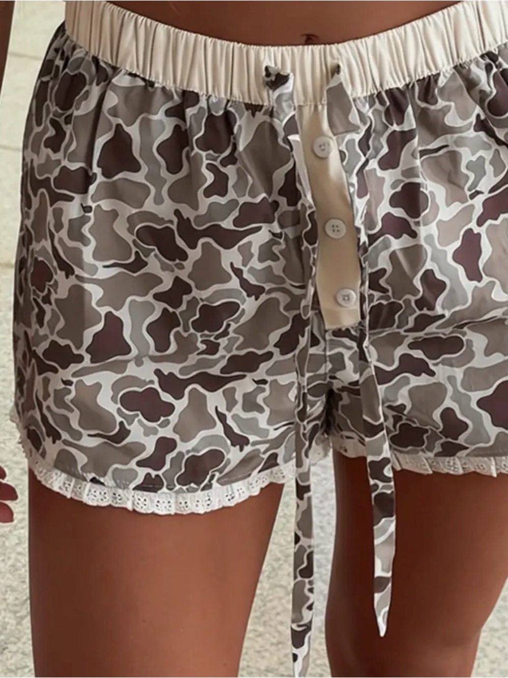 Camo cotton Button-Front Lounge Shorts with Lace Trim